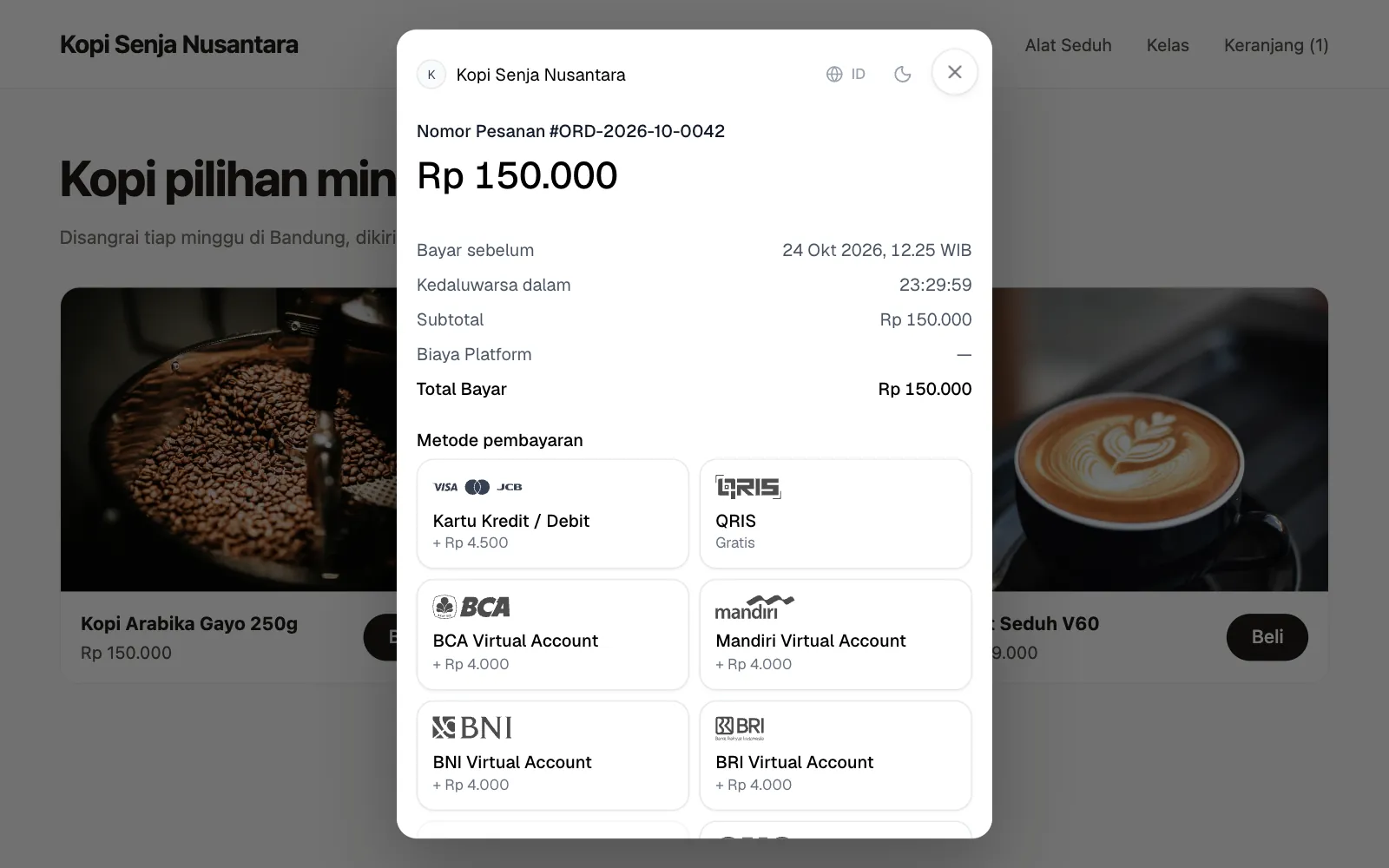 Jendela checkout Aulaa terbuka di atas website toko, pembeli memilih metode pembayaran