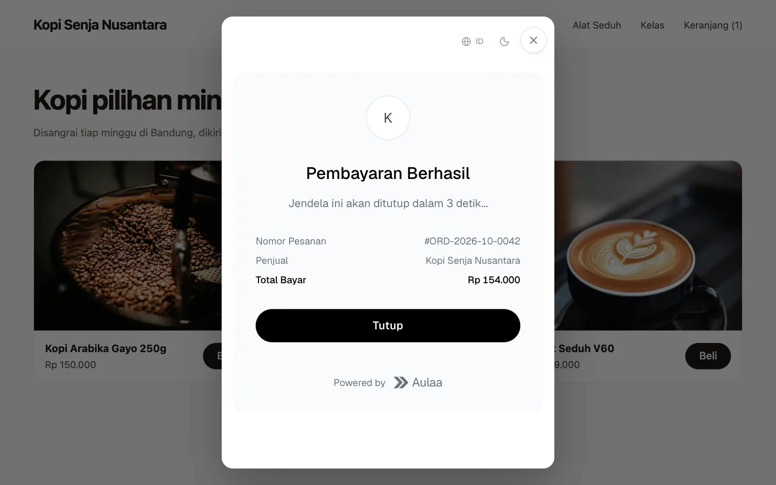 Layar Pembayaran Berhasil di dalam jendela, tertutup sendiri dalam 3 detik