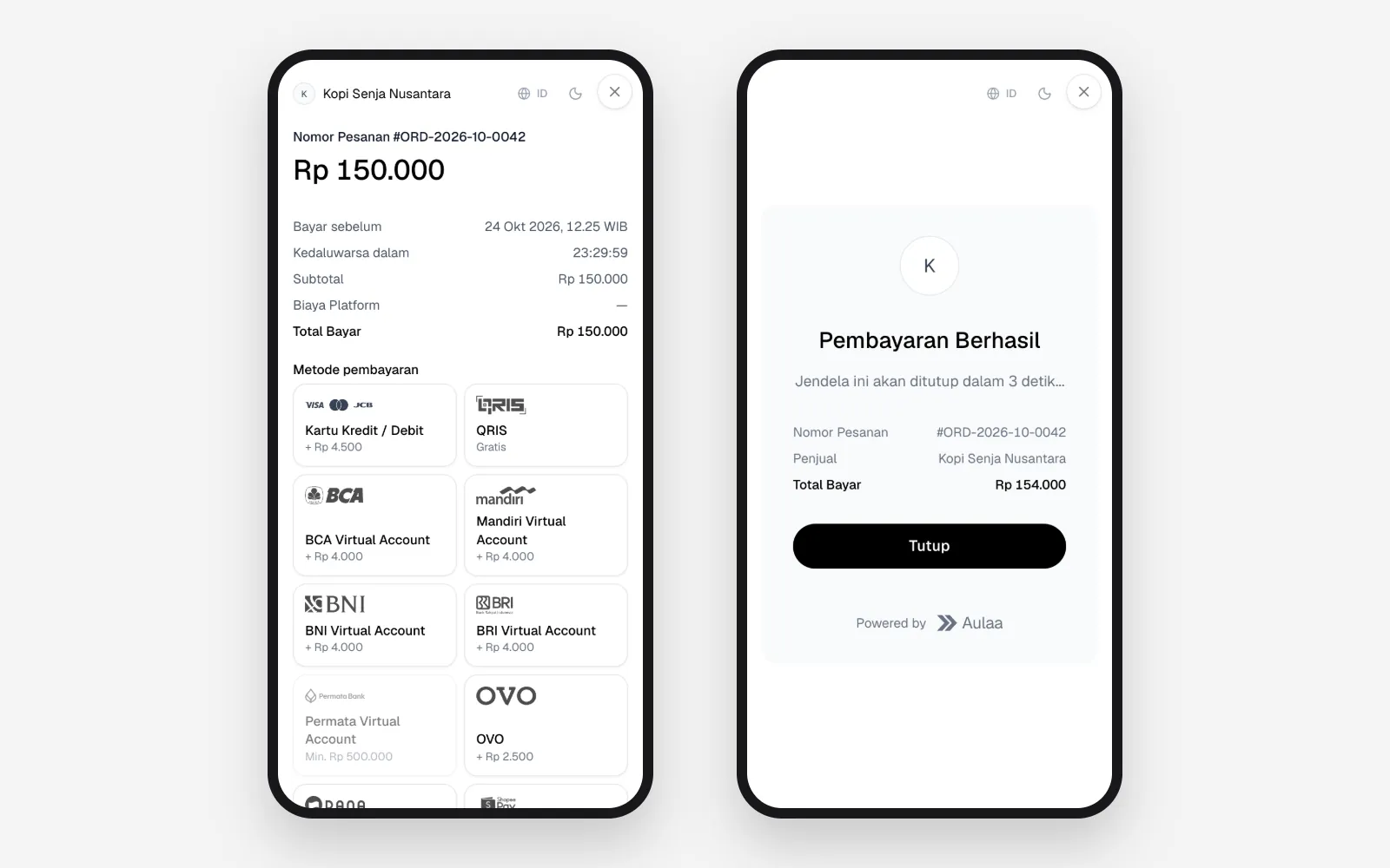 Di ponsel jendela tampil layar penuh, dari memilih metode sampai pembayaran berhasil