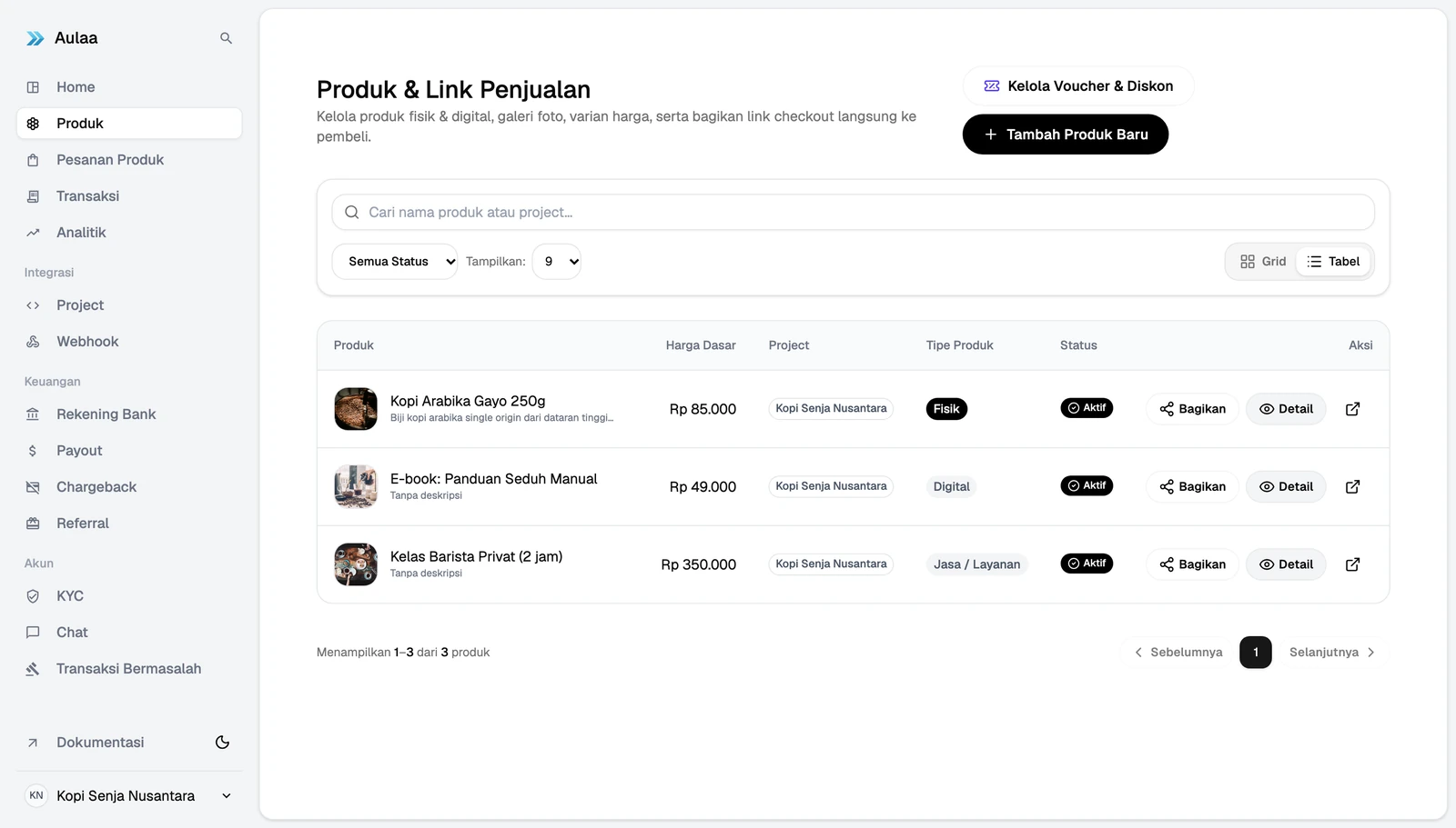 Halaman Produk dan Link Penjualan di Dashboard Aulaa dengan tombol Tambah Produk Baru