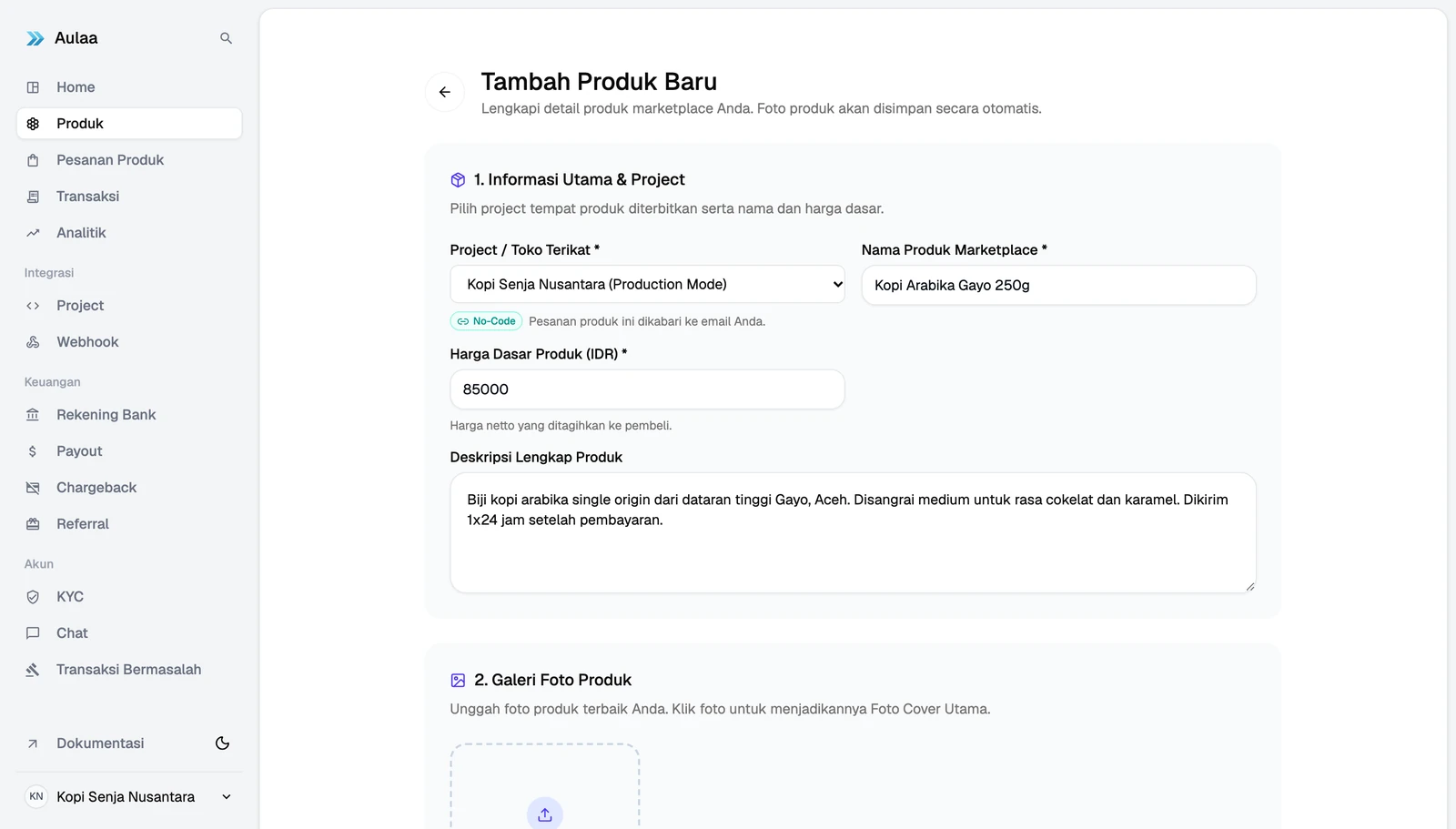 Formulir Tambah Produk Baru di Dashboard Aulaa