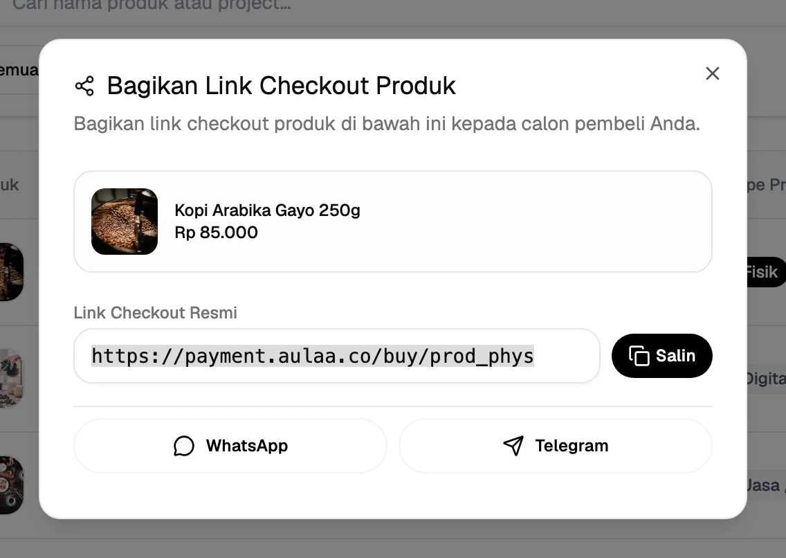 Jendela Bagikan Link Checkout Produk berisi link payment.aulaa.co
