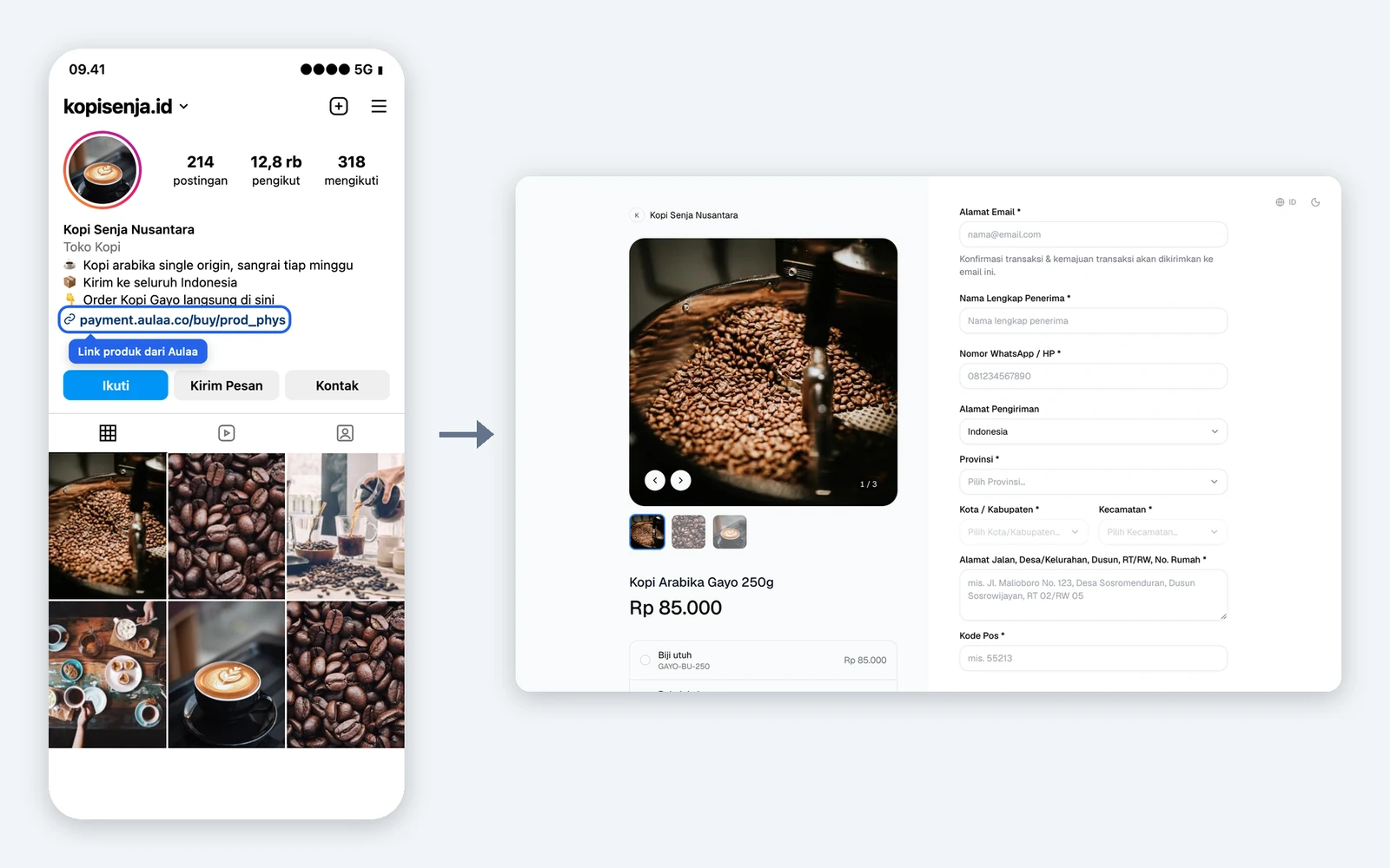 Contoh link produk Aulaa di bio Instagram dan halaman produk yang dibuka pembeli