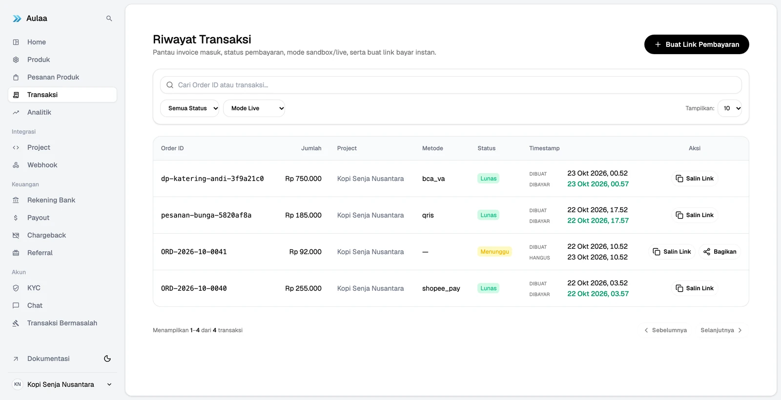 Halaman Riwayat Transaksi di Dashboard Aulaa dengan tombol Buat Link Pembayaran