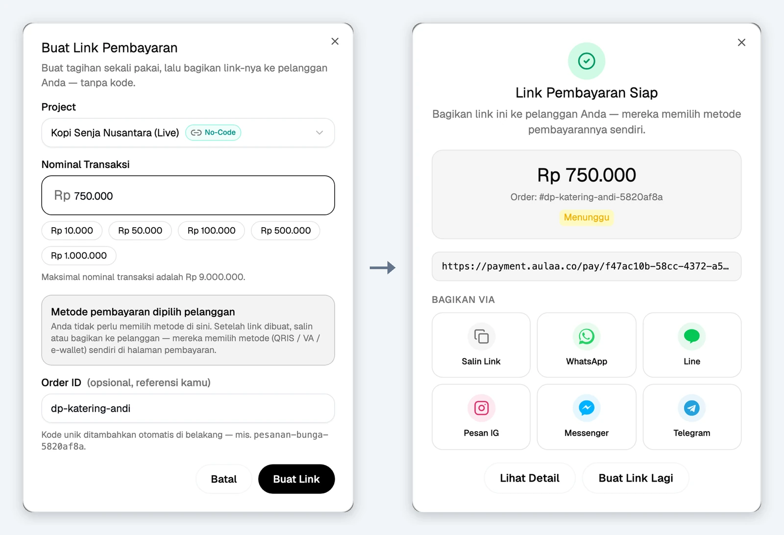 Jendela Buat Link Pembayaran lalu jendela Link Pembayaran Siap di Dashboard Aulaa