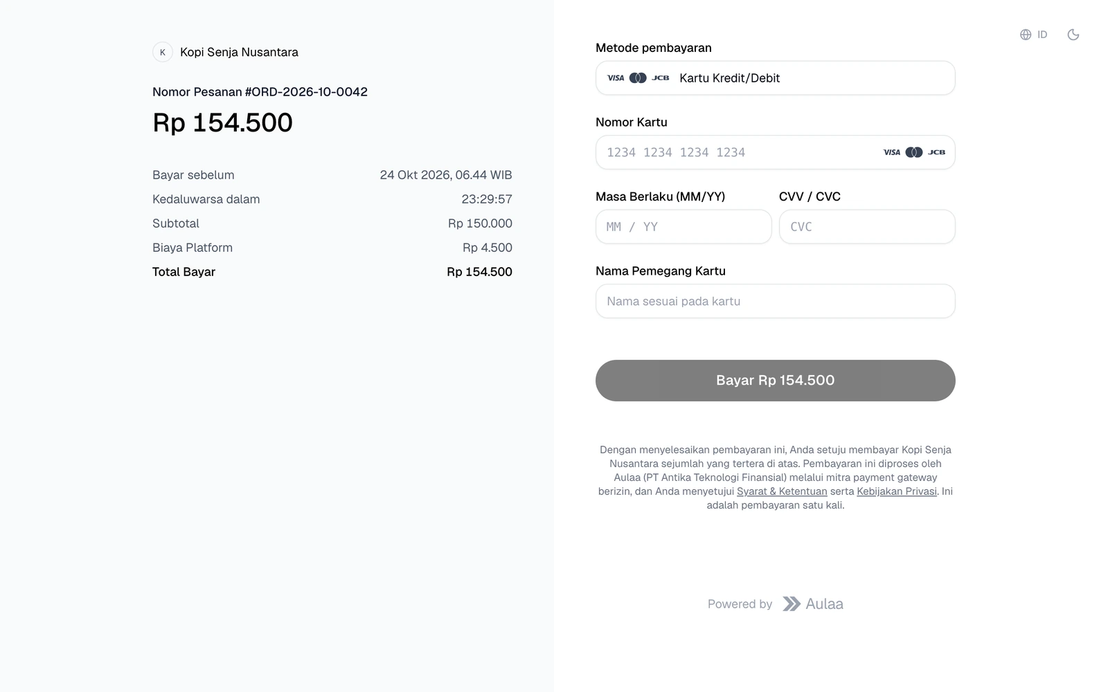 Halaman pembayaran Aulaa untuk kartu kredit atau debit