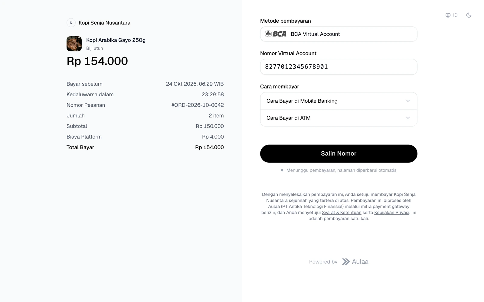 Halaman pembayaran Aulaa untuk BCA Virtual Account